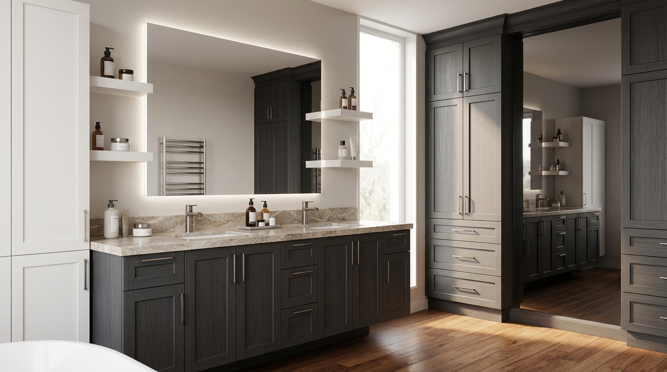 Salle de bain sur mesure avec vanité élégante et rangement intégré
